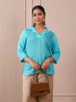 RA Studio Collared Tunic Blue Stripe and Dot Block Print