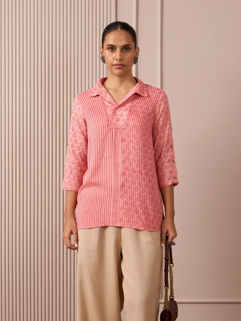 RA Studio Camp Collar Tunic Pink Moth and Stripe Block Print