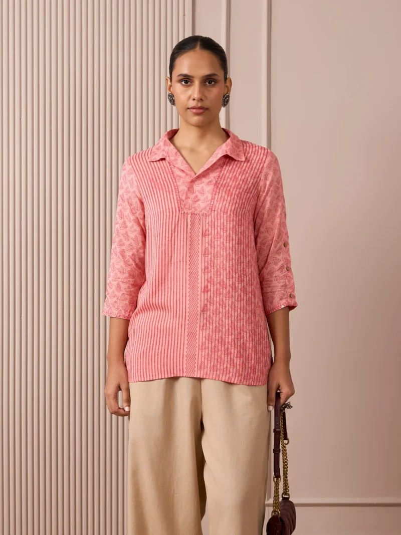 RA Studio Camp Collar Tunic Pink Moth and Stripe Block Print