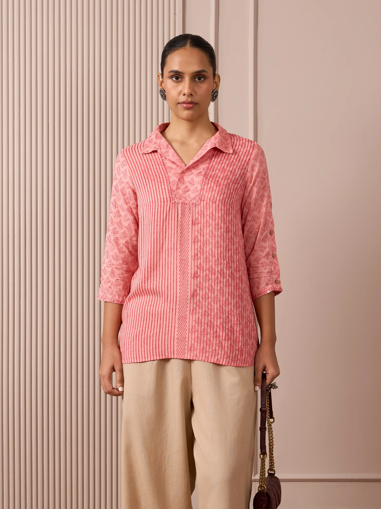 RAS83-4347 RA Studio Camp Collar Tunic Pink Moth and Stripe Block Print