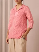 RA Studio Camp Collar Tunic Pink Moth and Stripe Block Print