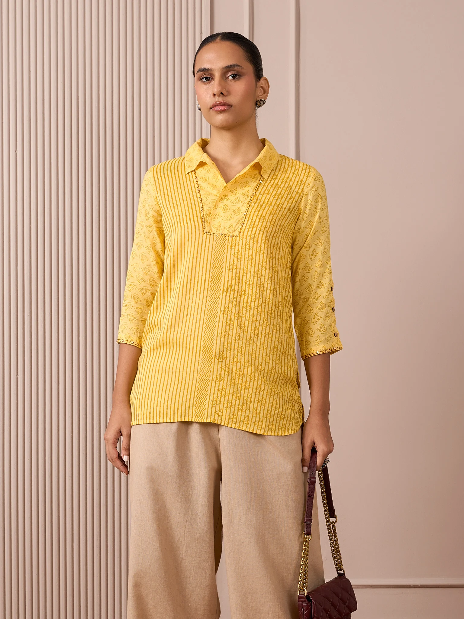RA Studio Camp Collar Tunic Yellow Stripe and Dot Block Print