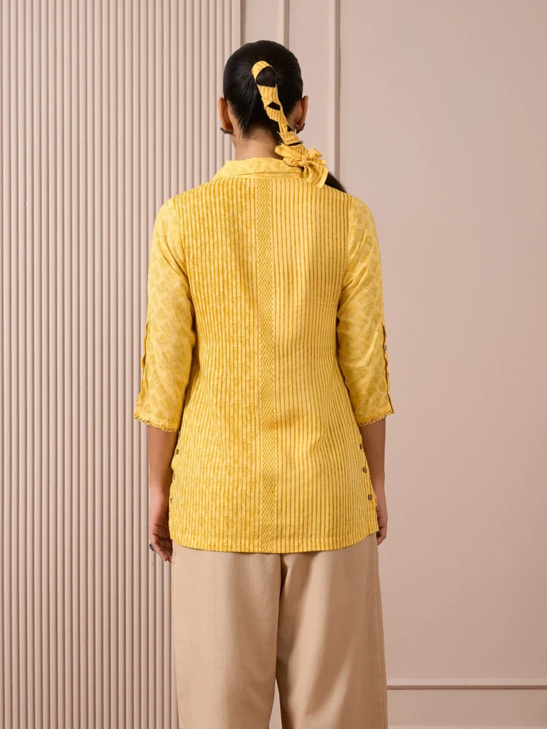 RA Studio Camp Collar Tunic Yellow Stripe and Dot Block Print