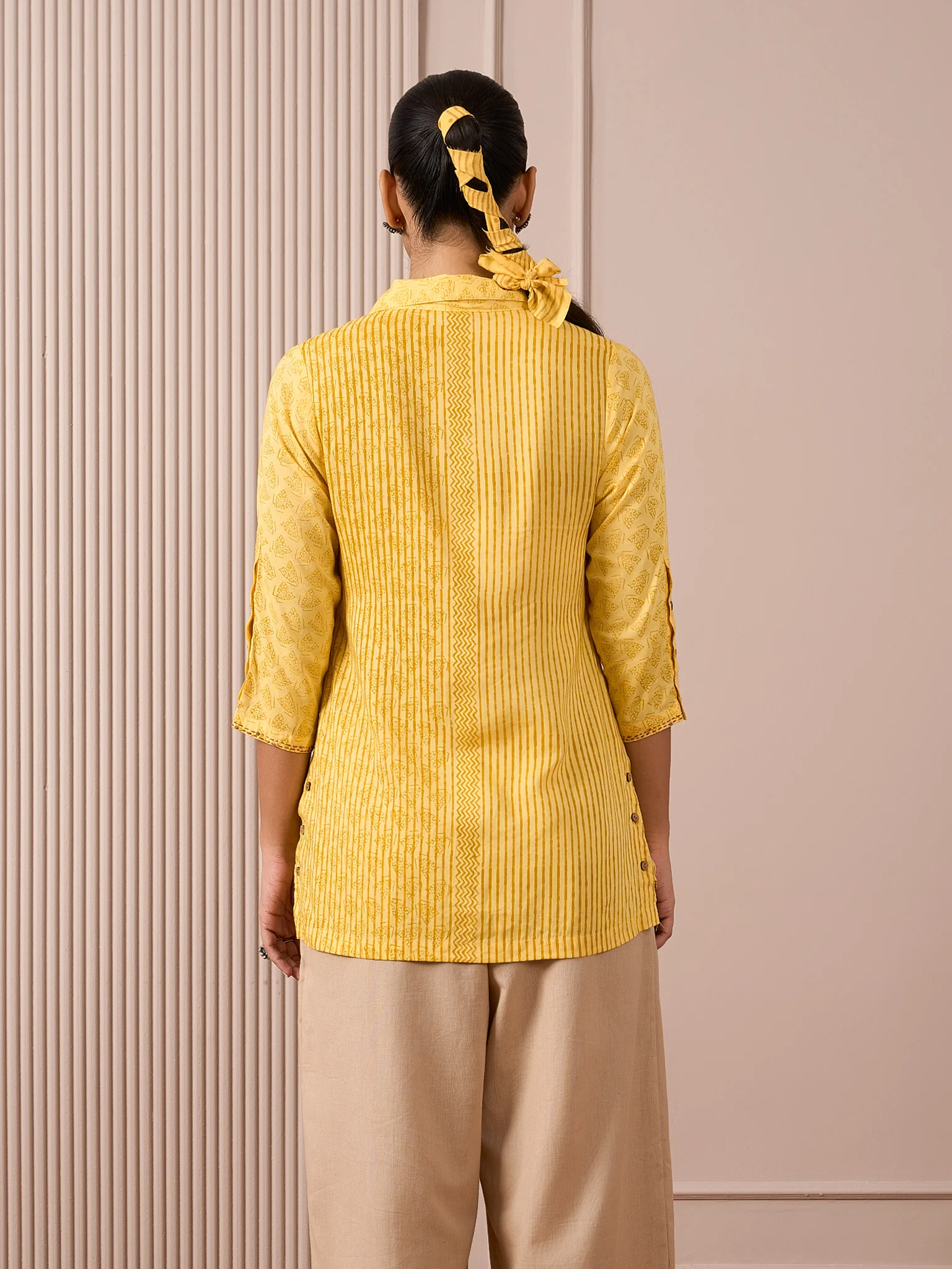 RA Studio Camp Collar Tunic Yellow Stripe and Dot Block Print