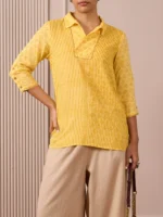 RA Studio Camp Collar Tunic Yellow Stripe and Dot Block Print