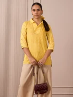 RA Studio Camp Collar Tunic Yellow Stripe and Dot Block Print