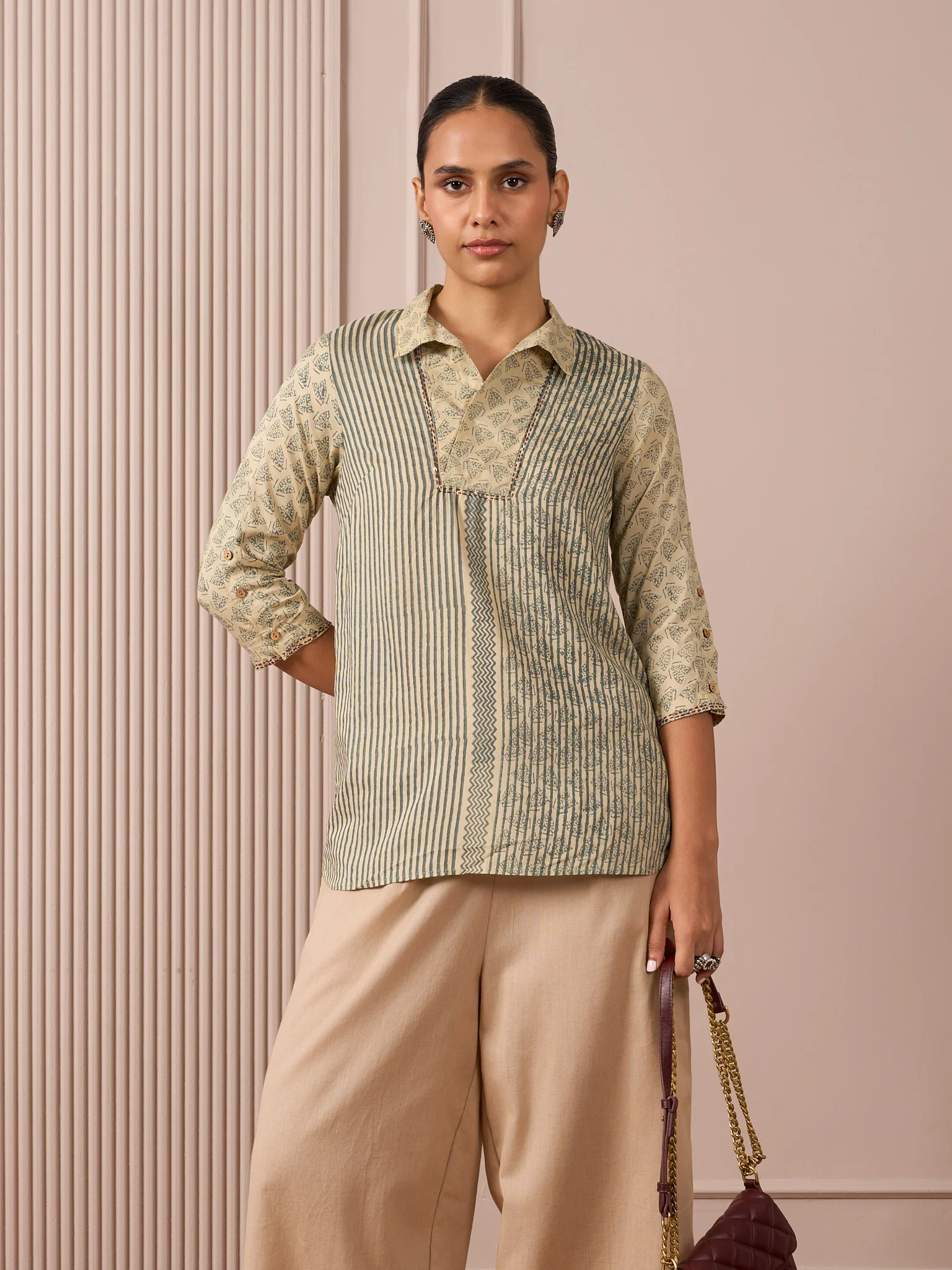 RA Studio Camp Collar Tunic Green Moth and Stripes Block Print