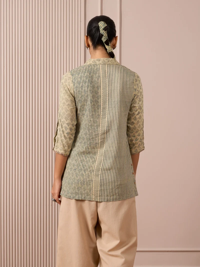 RA Studio Camp Collar Tunic Green Moth and Stripes Block Print