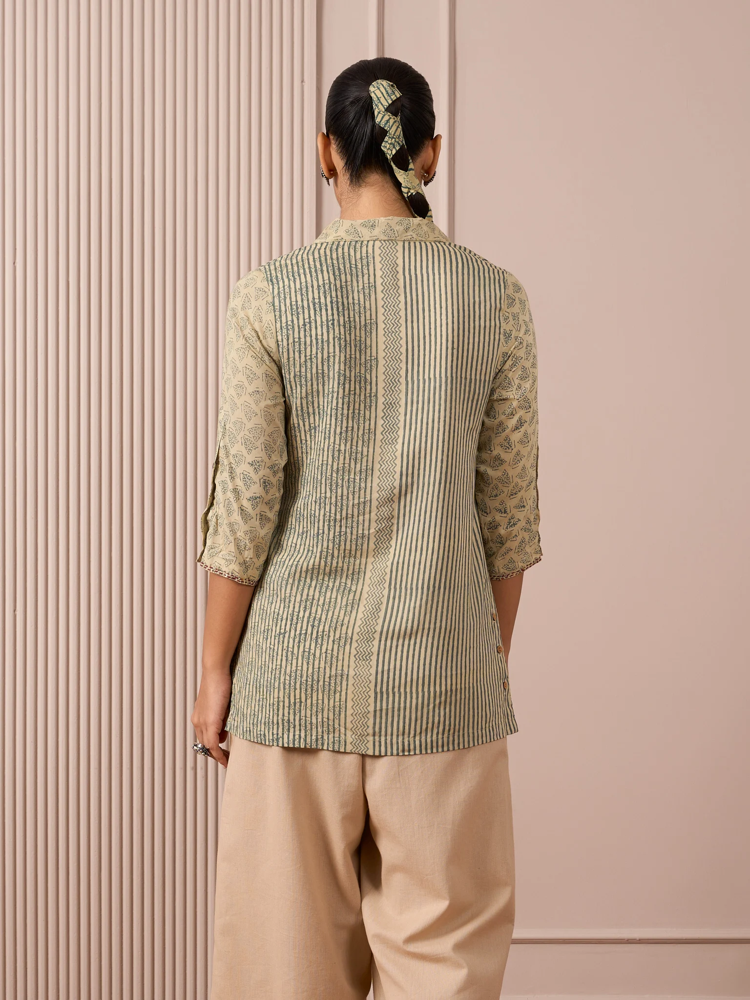 RA Studio Camp Collar Tunic Green Moth and Stripes Block Print