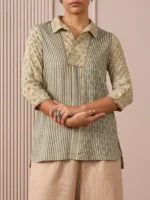 RA Studio Camp Collar Tunic Green Moth and Stripes Block Print