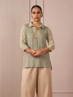 RA Studio Camp Collar Tunic Green Moth and Stripes Block Print