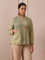 RA Studio Flat Collar Block Printed Shirt with Pockets Green Moth and Stripes
