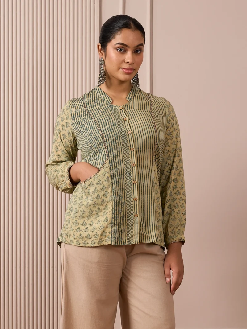 RA Studio Flat Collar Block Printed Shirt with Pockets Green Moth and Stripes