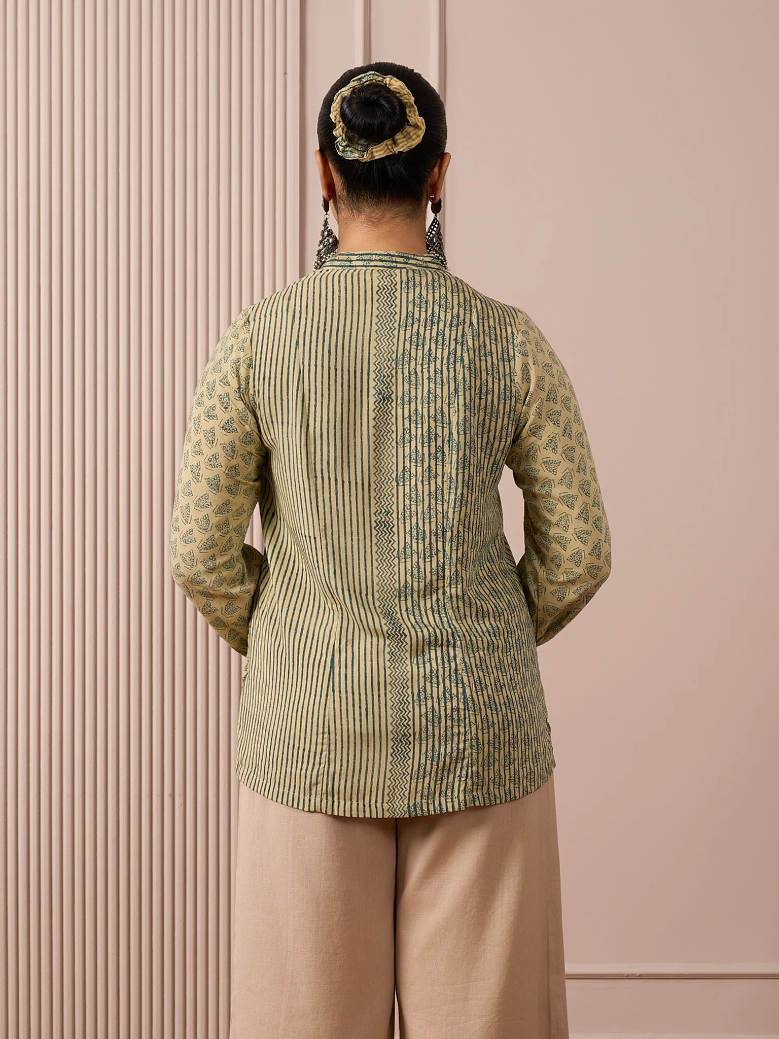 RA Studio Flat Collar Block Printed Shirt with Pockets Green Moth and Stripes