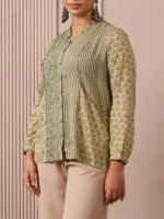 RA Studio Flat Collar Block Printed Shirt with Pockets Green Moth and Stripes