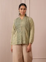 RA Studio Flat Collar Block Printed Shirt with Pockets Green Moth and Stripes