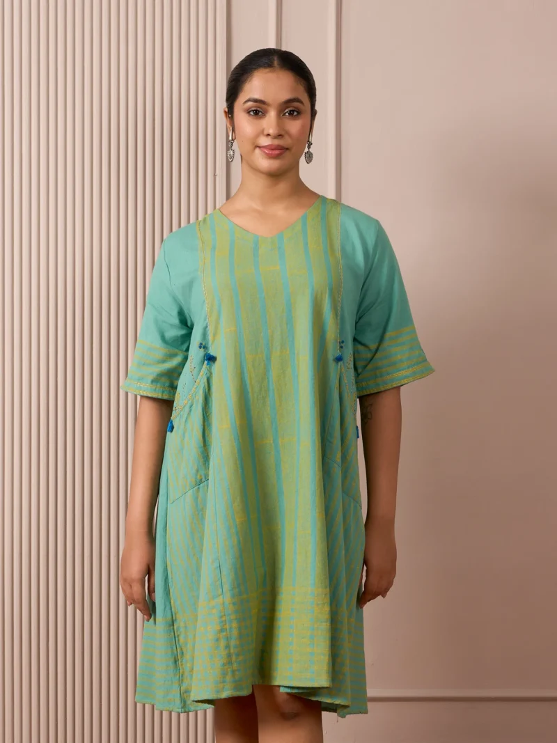 RA Studio Teal Blue Block Print Dress Princess Line Cut with Stripes & Hand-Embroidered Pocket