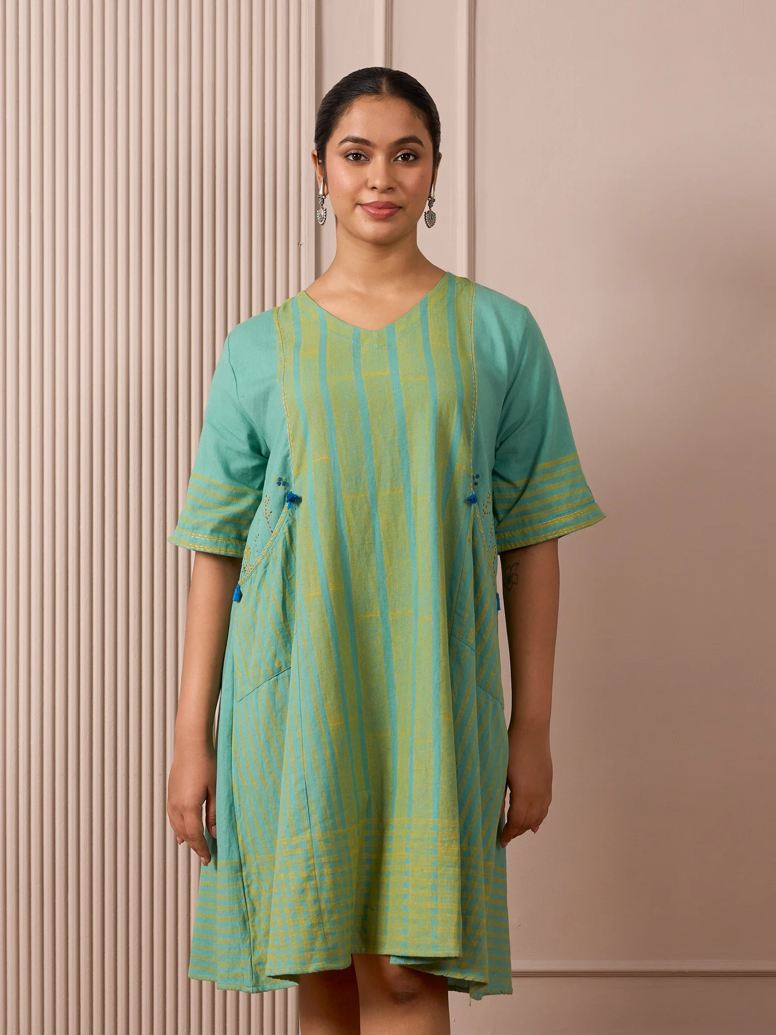 RA Studio Teal Blue Block Print Dress Princess Line Cut with Stripes & Hand-Embroidered Pocket