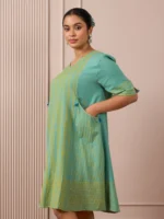 RA Studio Teal Blue Block Print Dress Princess Line Cut with Stripes & Hand-Embroidered Pocket