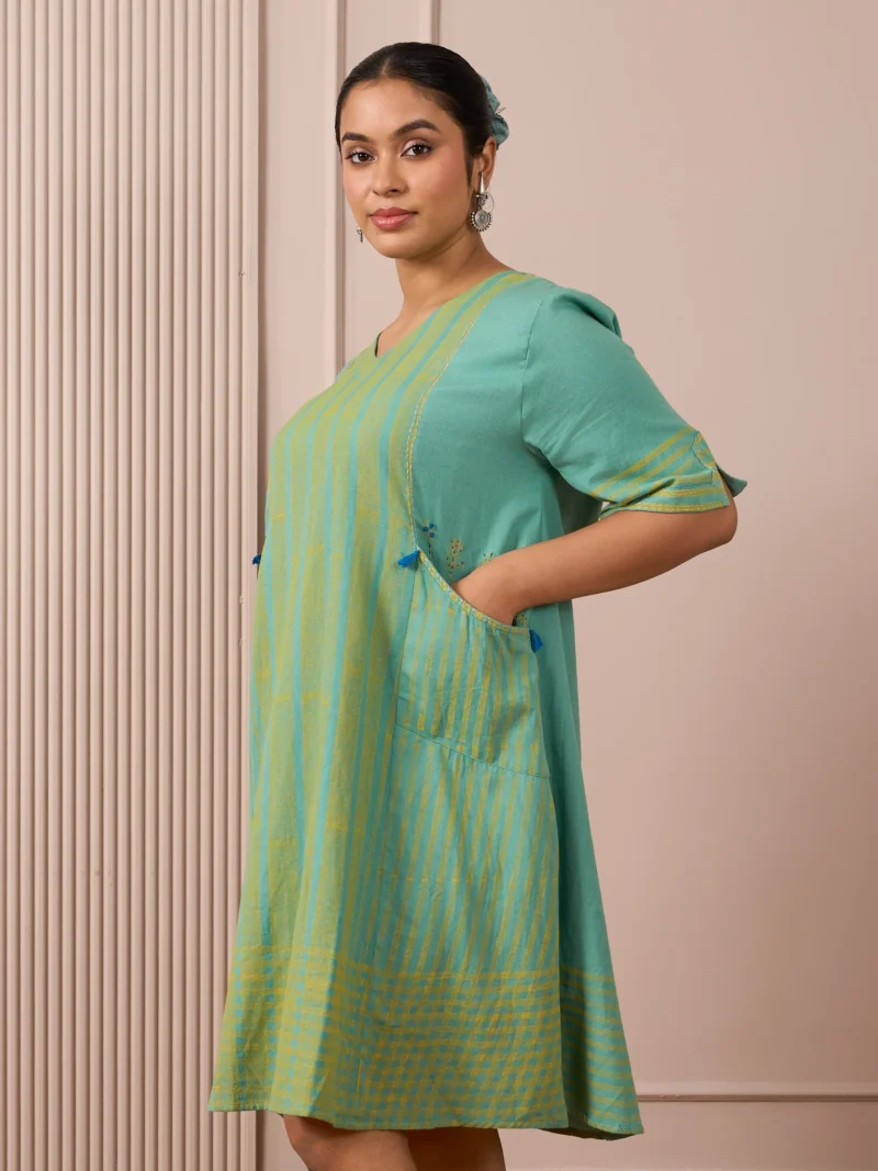 RA Studio Teal Blue Block Print Dress Princess Line Cut with Stripes & Hand-Embroidered Pocket