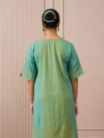 RA Studio Teal Blue Block Print Dress Princess Line Cut with Stripes & Hand-Embroidered Pocket