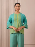 RA Studio Teal Blue Block Print Dress Princess Line Cut with Stripes & Hand-Embroidered Pocket