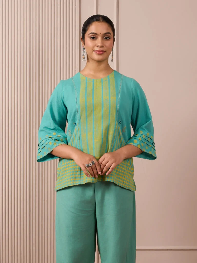 RA Studio Teal Blue Block Print Dress Princess Line Cut with Stripes & Hand-Embroidered Pocket