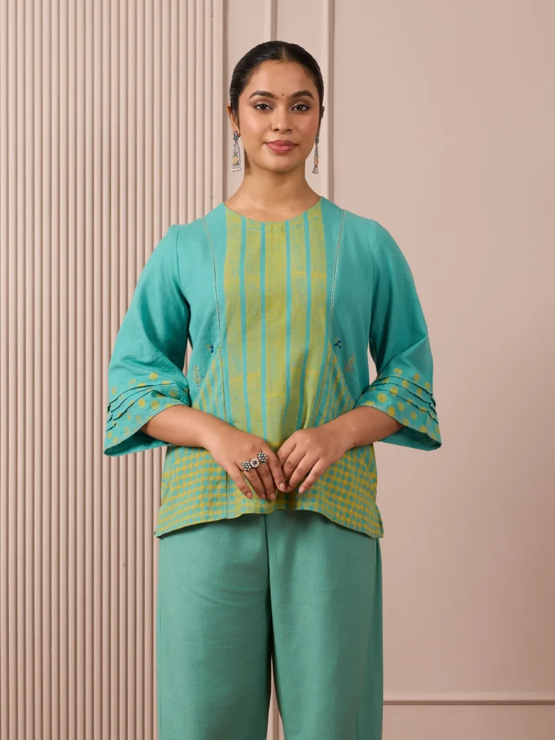 RA Studio Teal Blue Block Print Dress Princess Line Cut with Stripes & Hand-Embroidered Pocket