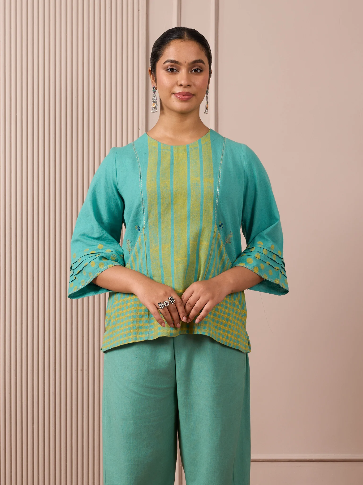 RA Studio Teal Blue Block Print Dress Princess Line Cut with Stripes & Hand-Embroidered Pocket