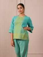 RA Studio Teal Blue Block Print Dress Princess Line Cut with Stripes & Hand-Embroidered Pocket