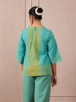 RA Studio Teal Blue Block Print Dress Princess Line Cut with Stripes & Hand-Embroidered Pocket