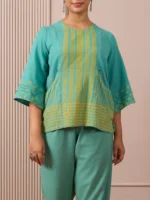 RA Studio Teal Blue Block Print Dress Princess Line Cut with Stripes & Hand-Embroidered Pocket