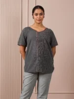 RA Studio Black & Grey Asymmetric Front-Open Tunic with Striped Panel and Contrast Piping