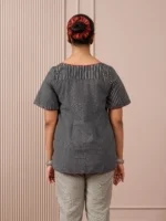 RA Studio Black & Grey Asymmetric Front-Open Tunic with Striped Panel and Contrast Piping