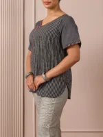 RA Studio Black & Grey Asymmetric Front-Open Tunic with Striped Panel and Contrast Piping