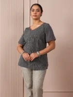 RA Studio Black & Grey Asymmetric Front-Open Tunic with Striped Panel and Contrast Piping