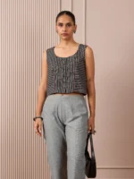 RA Studio Black & White Striped Sleeveless Crop Top with Red Piping