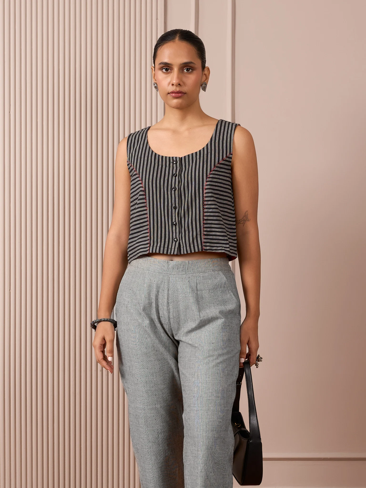 RA Studio Black & White Striped Sleeveless Crop Top with Red Piping