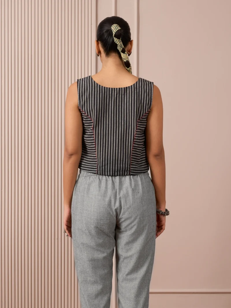 RA Studio Black & White Striped Sleeveless Crop Top with Red Piping