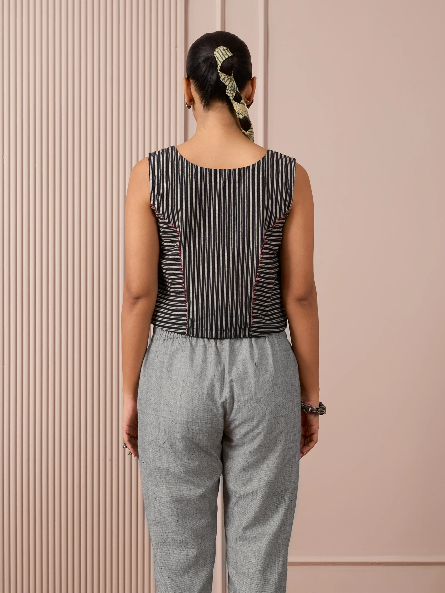 RA Studio Black & White Striped Sleeveless Crop Top with Red Piping