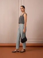 RA Studio Black & White Striped Sleeveless Crop Top with Red Piping