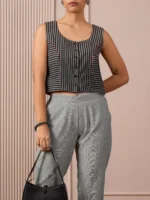 RA Studio Black & White Striped Sleeveless Crop Top with Red Piping