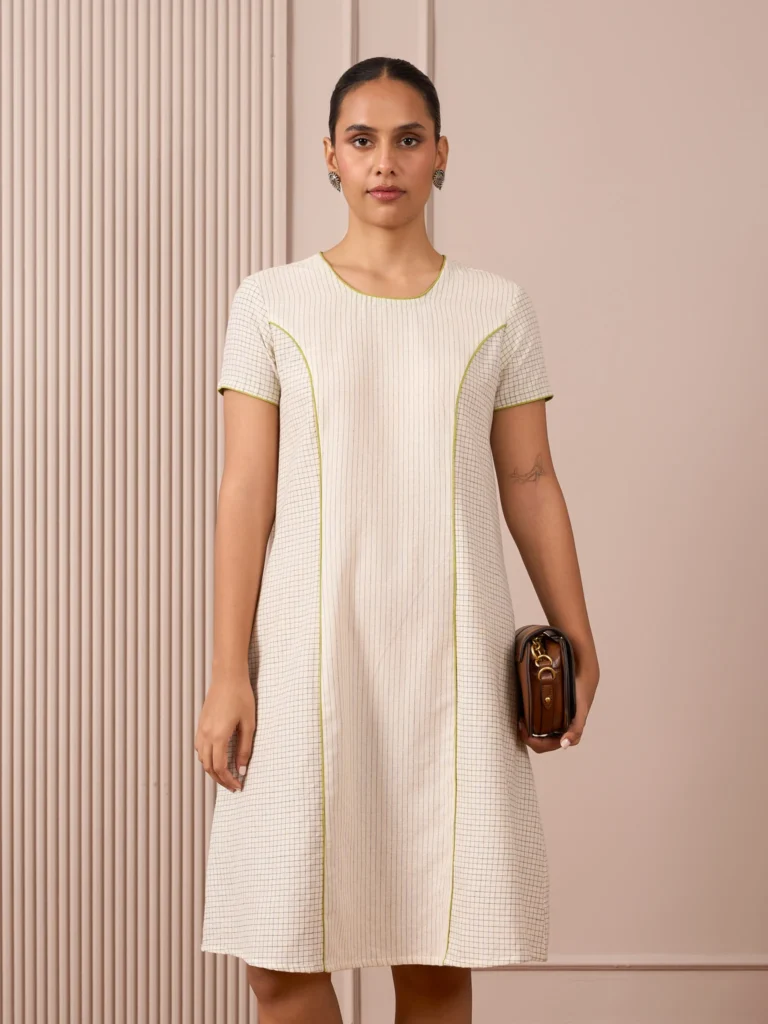 Handloom Black & White Princess-Line Dress in Check and Stripe Weave