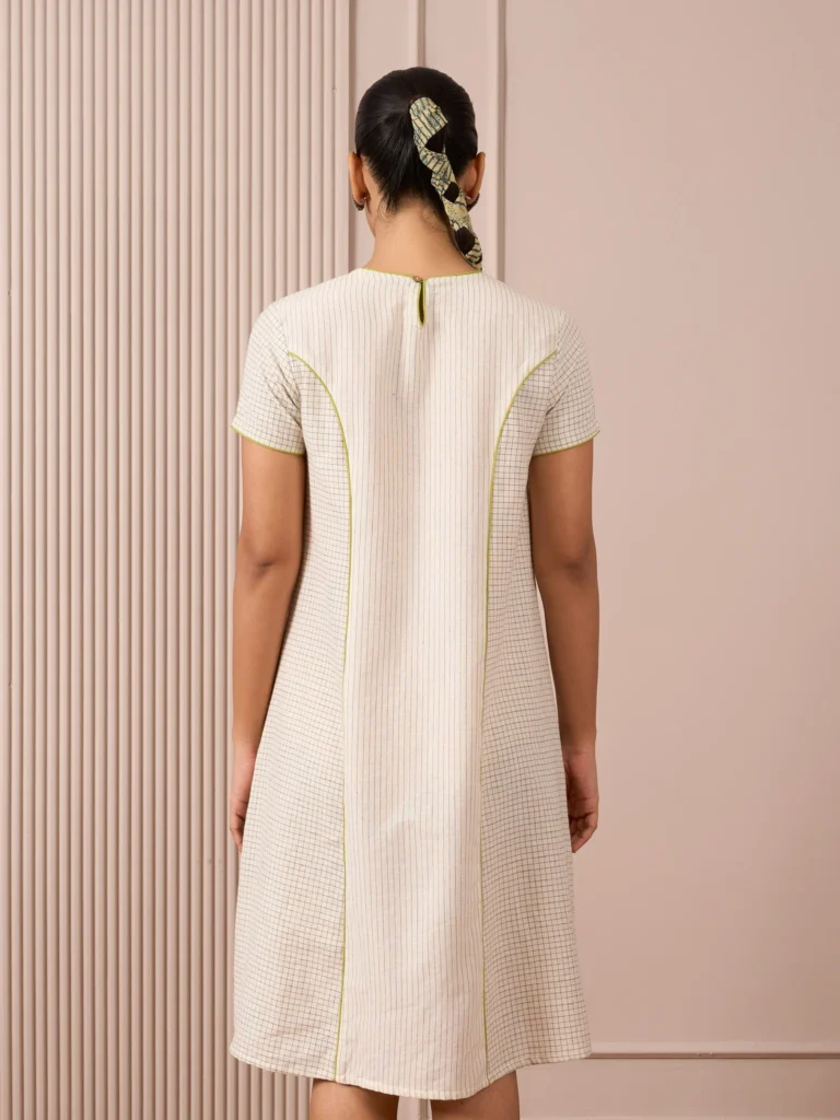 Handloom Black & White Princess-Line Dress in Check and Stripe Weave