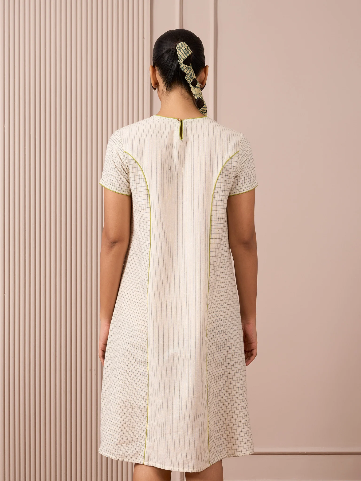 Handloom Black & White Princess-Line Dress in Check and Stripe Weave